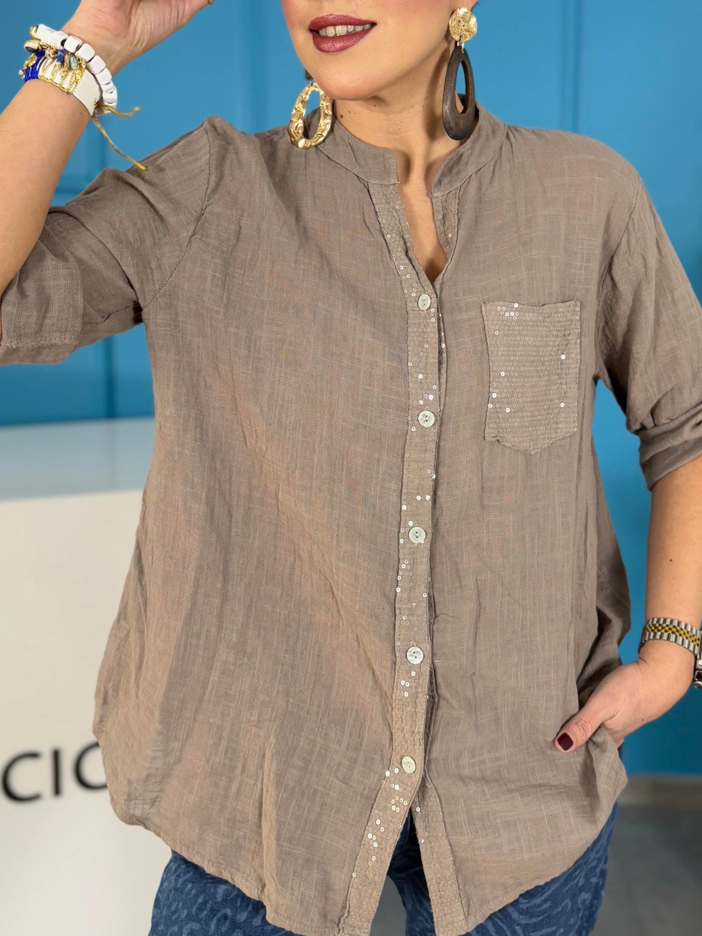 Oversize Keten Gömlek Hakim Yaka Cep Pul Detay Patlı Kol %100 Pamuk