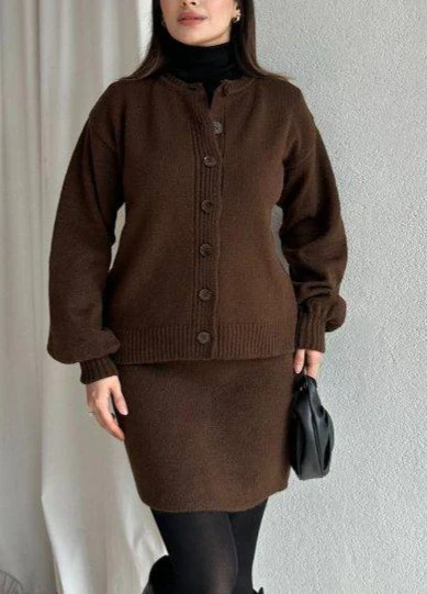 Bisiklet Yaka Düğmeli Hırka Mini Etek Esnek Triko Takım