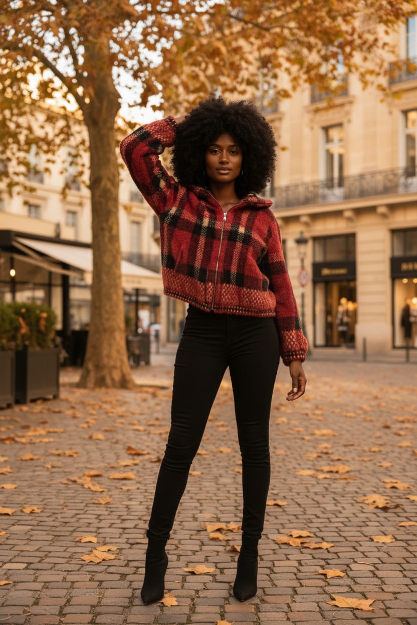 Ekose Desen Fermuarlı Dik Yaka %100 Pamuk Hırka