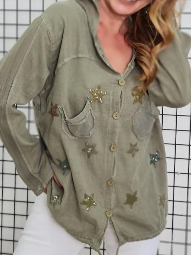 Keten Gömlek Hırka Kapüşonlu Yıldız Desenli %100 Pamuk