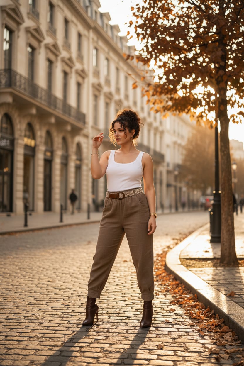 Beli Lastikli Kemerli Paça Pens Detaylı Cepli %100 Pamuk Pantolon