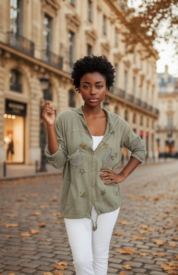 Keten Gömlek Hırka Kapüşonlu Yıldız Desenli %100 Pamuk