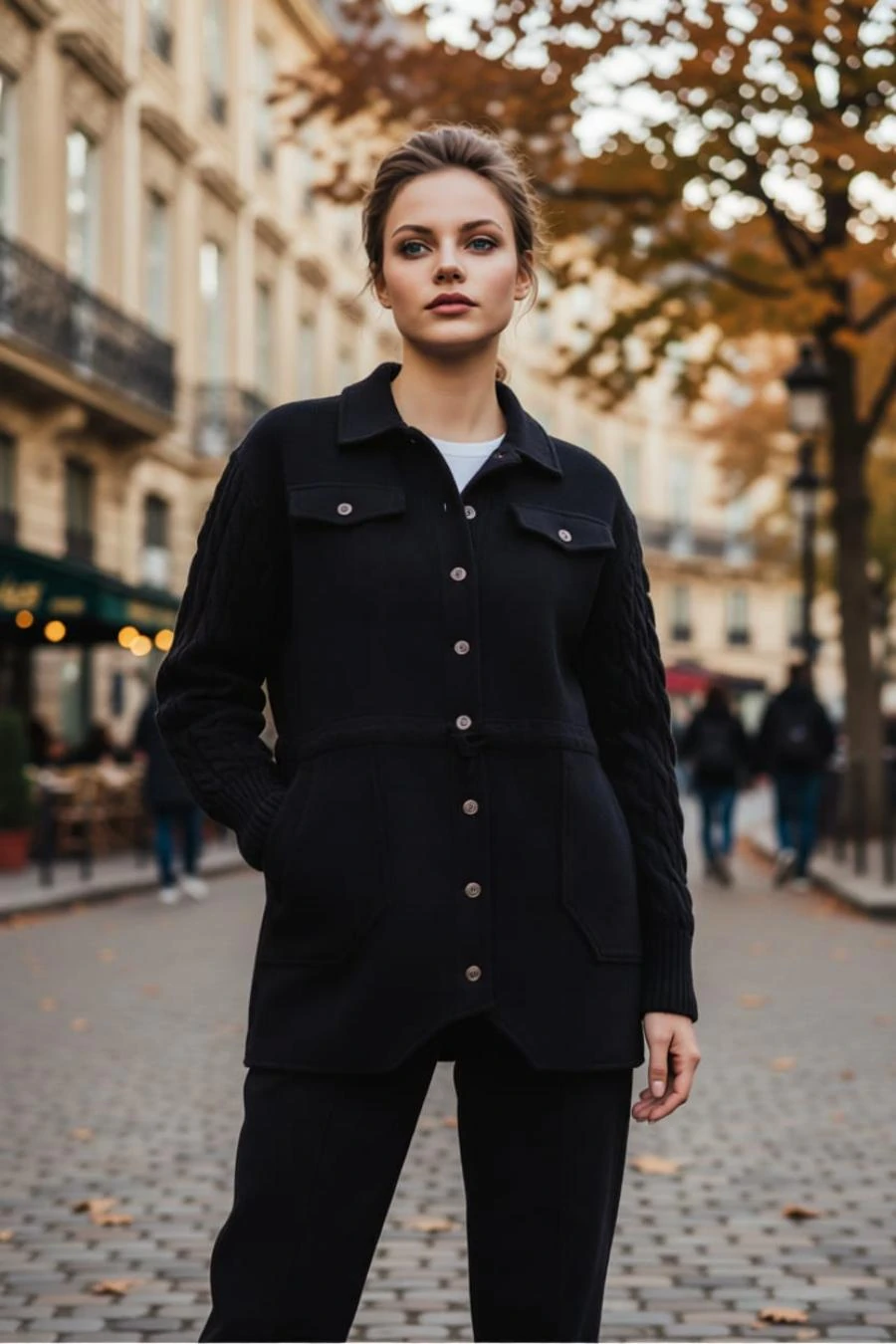 Kollar Saç Örgü Triko Bel Bağcıklı Torba Cepli Düğmeli %100 Pamuk Gabardin Ceket