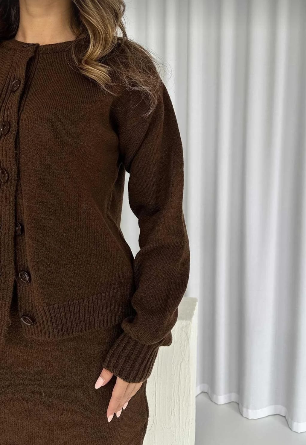 Bisiklet Yaka Düğmeli Hırka Mini Etek Esnek Triko Takım