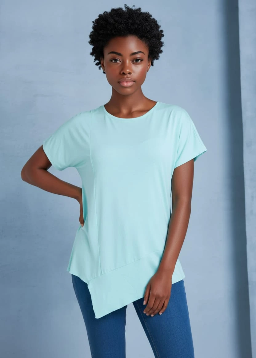 Büyük Beden T-Shırt Asimetrik Kesim Yuvarlak Yaka %95 Pamuk %5 Likra