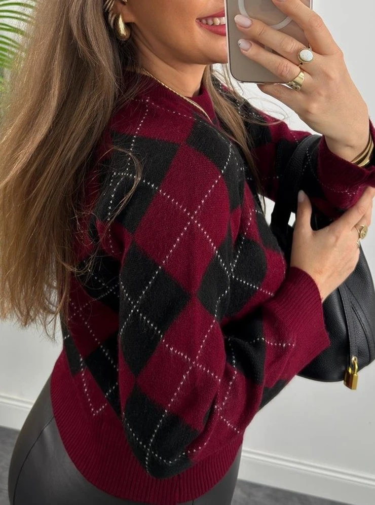 Baklava Desen Bisiklet Yaka Yumuşak Dokulu Kazak