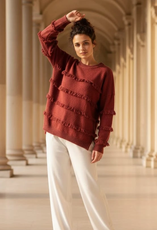 Bisiklet Yaka Püskül Detay %100 Pamuk Triko Kazak 