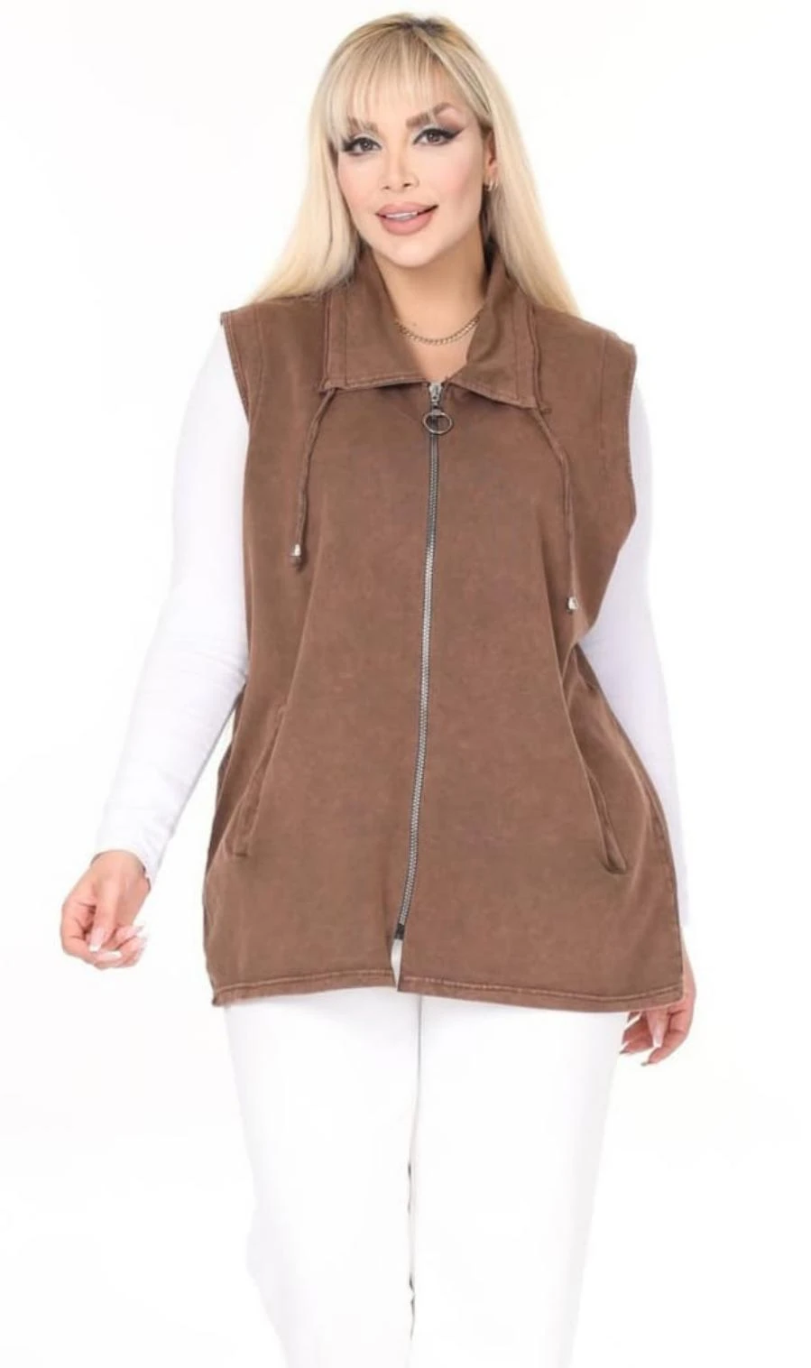 Kadın Büyük Beden Yaka İp Detaylı Çift Cepli Fermuarlı Uzun Pamuk Yelek