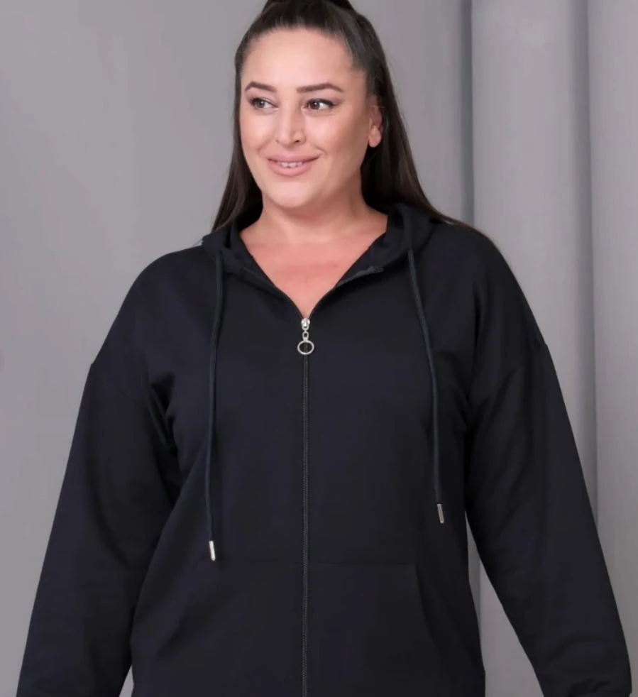 Oversize Sweatshirt Kapüşonlu Kanguru Cepli Fermuarlı Yırtmaç Detaylı %100 Pamuk 