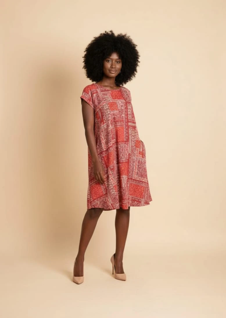 Büyük Beden Yuvarlak Yaka Etnik Desen Elbise