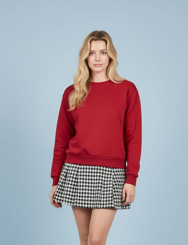 Basic Crop Sweatshirt Bisiklet Yaka 3 İp Şardonlu 