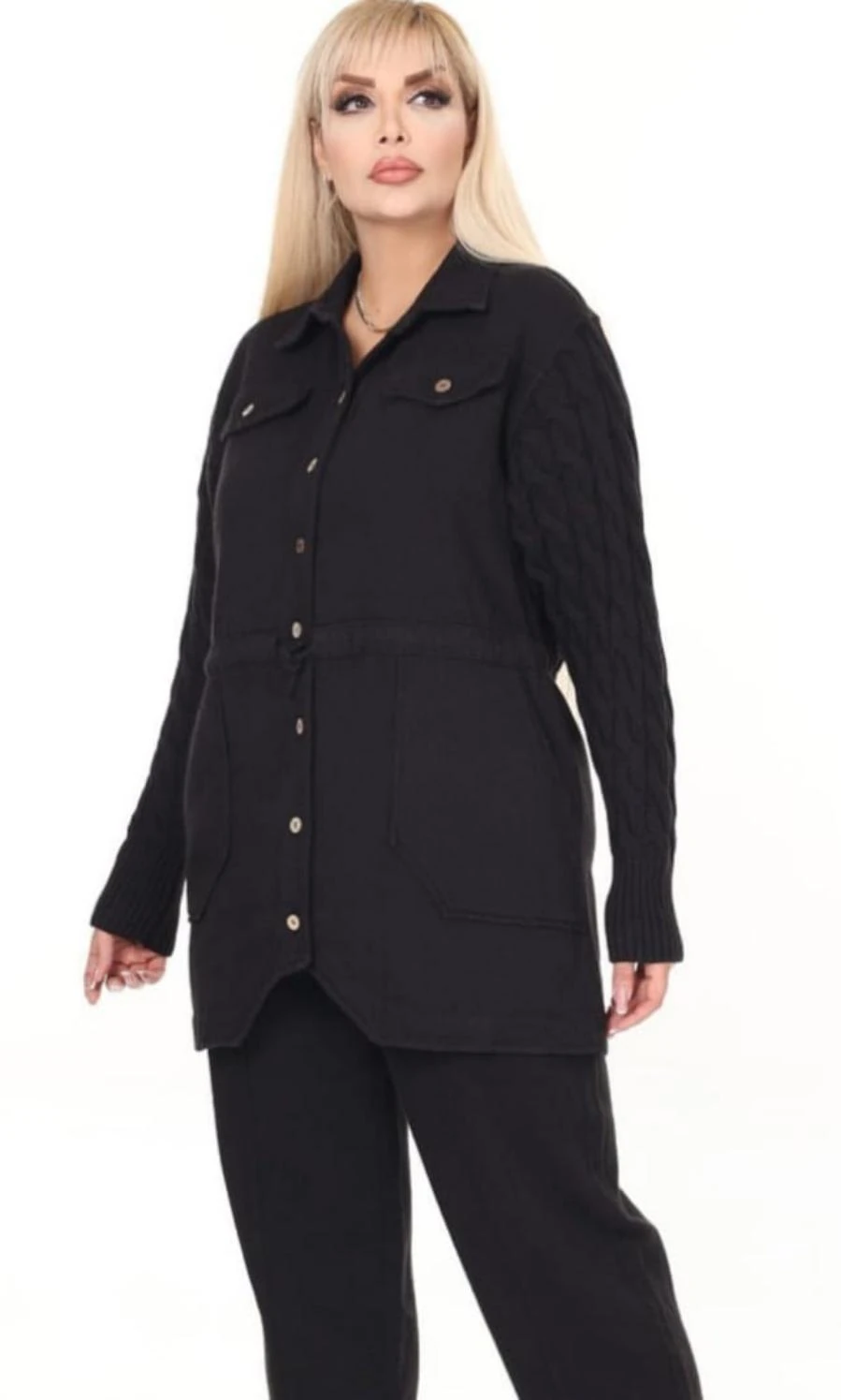 Kollar Saç Örgü Triko Bel Bağcıklı Torba Cepli Düğmeli %100 Pamuk Gabardin Ceket