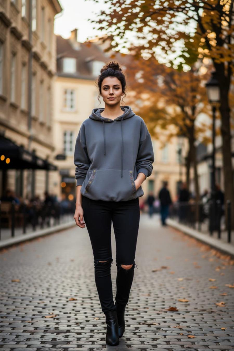 Oversize Etnik Nakış Detaylı Kanguru Cepli Kapüşonlu %100 Pamuk Sweatshirt