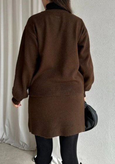 Bisiklet Yaka Düğmeli Hırka Mini Etek Esnek Triko Takım