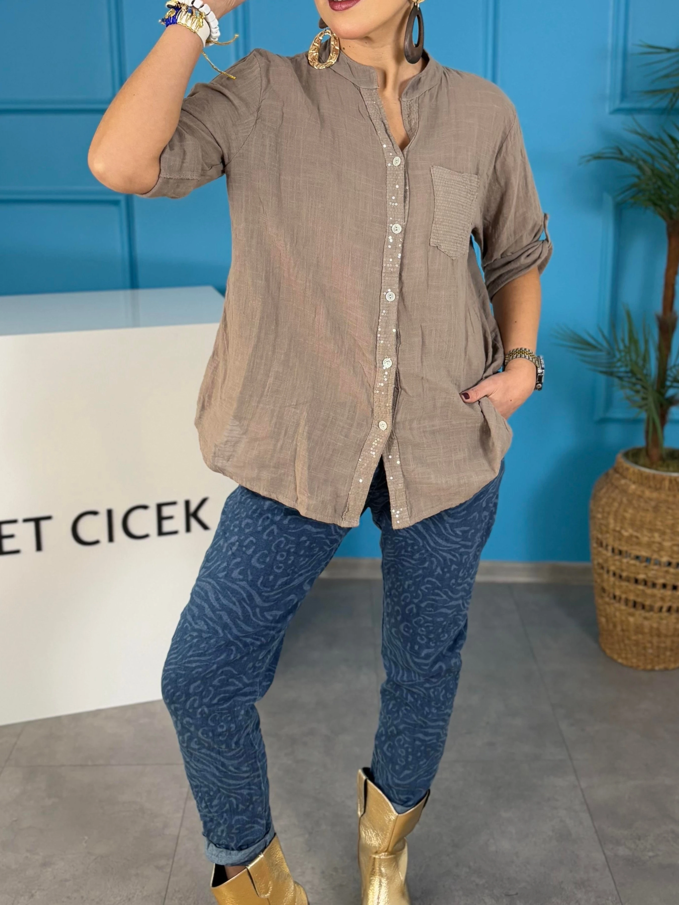 Oversize Keten Gömlek Hakim Yaka Cep Pul Detay Patlı Kol %100 Pamuk