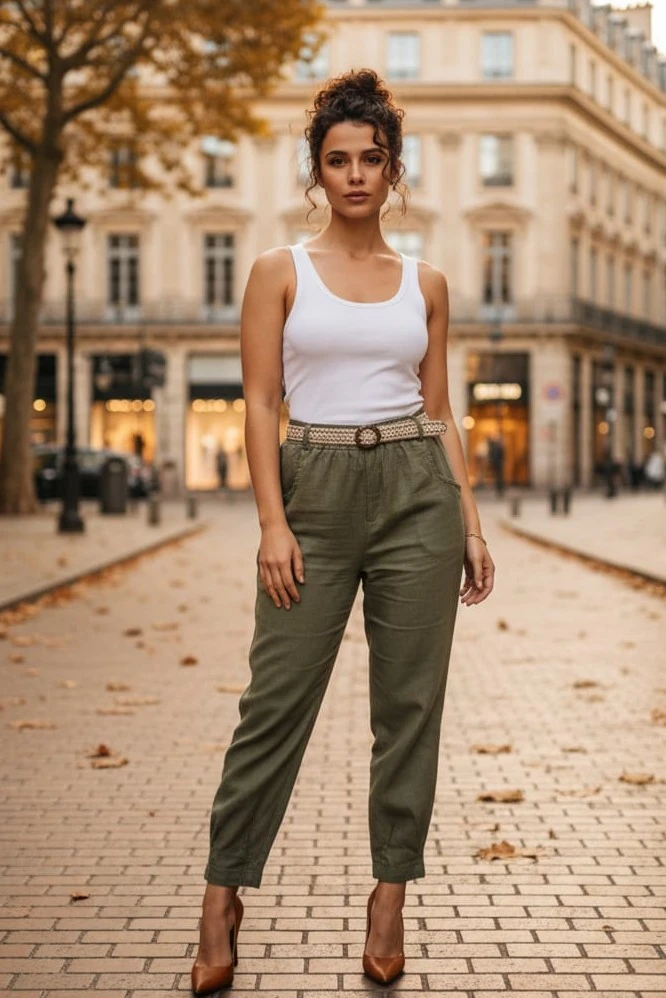 Beli Lastikli Kemerli Paça Pens Detaylı Cepli %100 Pamuk Pantolon