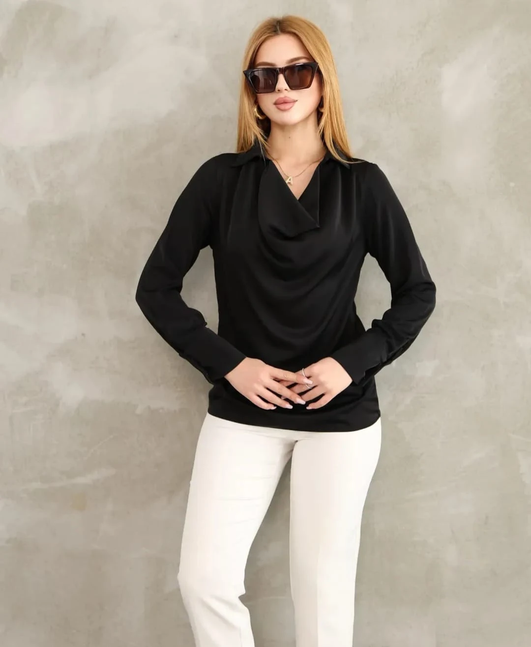 Saten Gömlek Bluz Degaje Yaka Uzun Kol Premium Kumaş