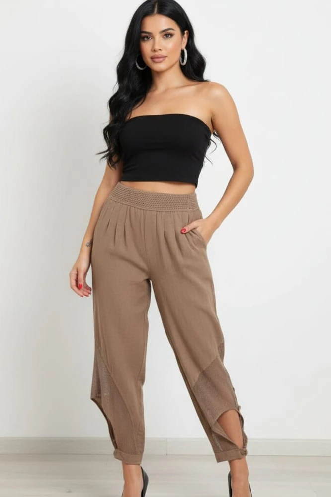 Paçası Düğme ve File Detay Bel Kopenaklı Cepli %100 Pamuk Pantolon