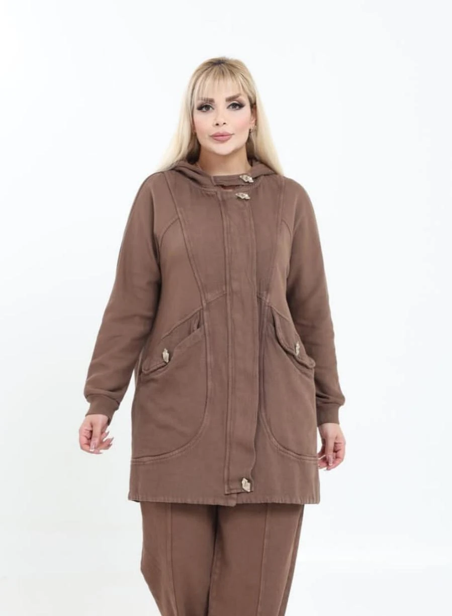 Kapüşonlu Düğme Detaylı Kapaklı Torba Cep  %100 Pamuk Uzun Gabardin Kap Ceket