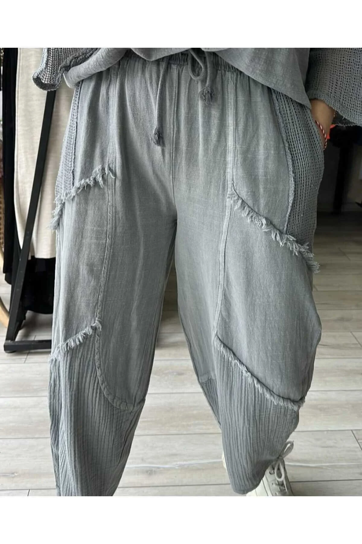 Keten Görünümlü Fileli Cep Dikiş Detay İtalyan Tasarım Pantolon %100 Pamuk