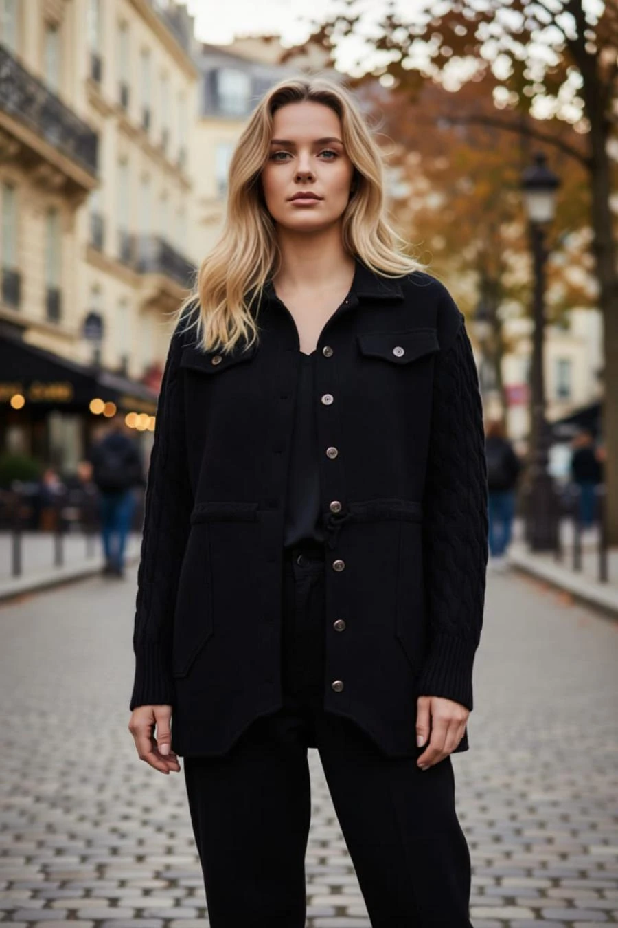 Kollar Saç Örgü Triko Bel Bağcıklı Torba Cepli Düğmeli %100 Pamuk Gabardin Ceket