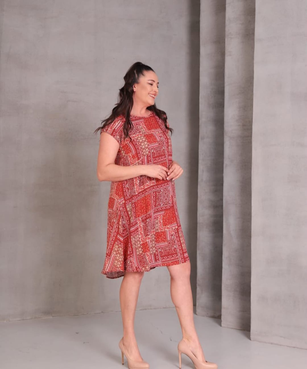 Büyük Beden Yuvarlak Yaka Etnik Desen Elbise