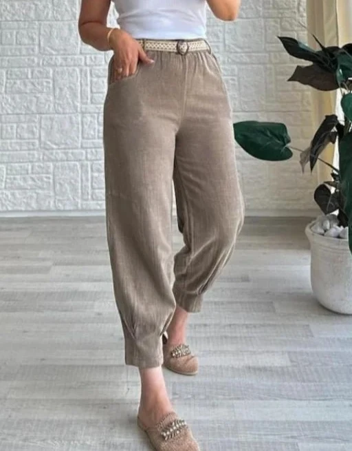 Beli Lastikli Kemerli Paça Pens Detaylı Cepli %100 Pamuk Pantolon