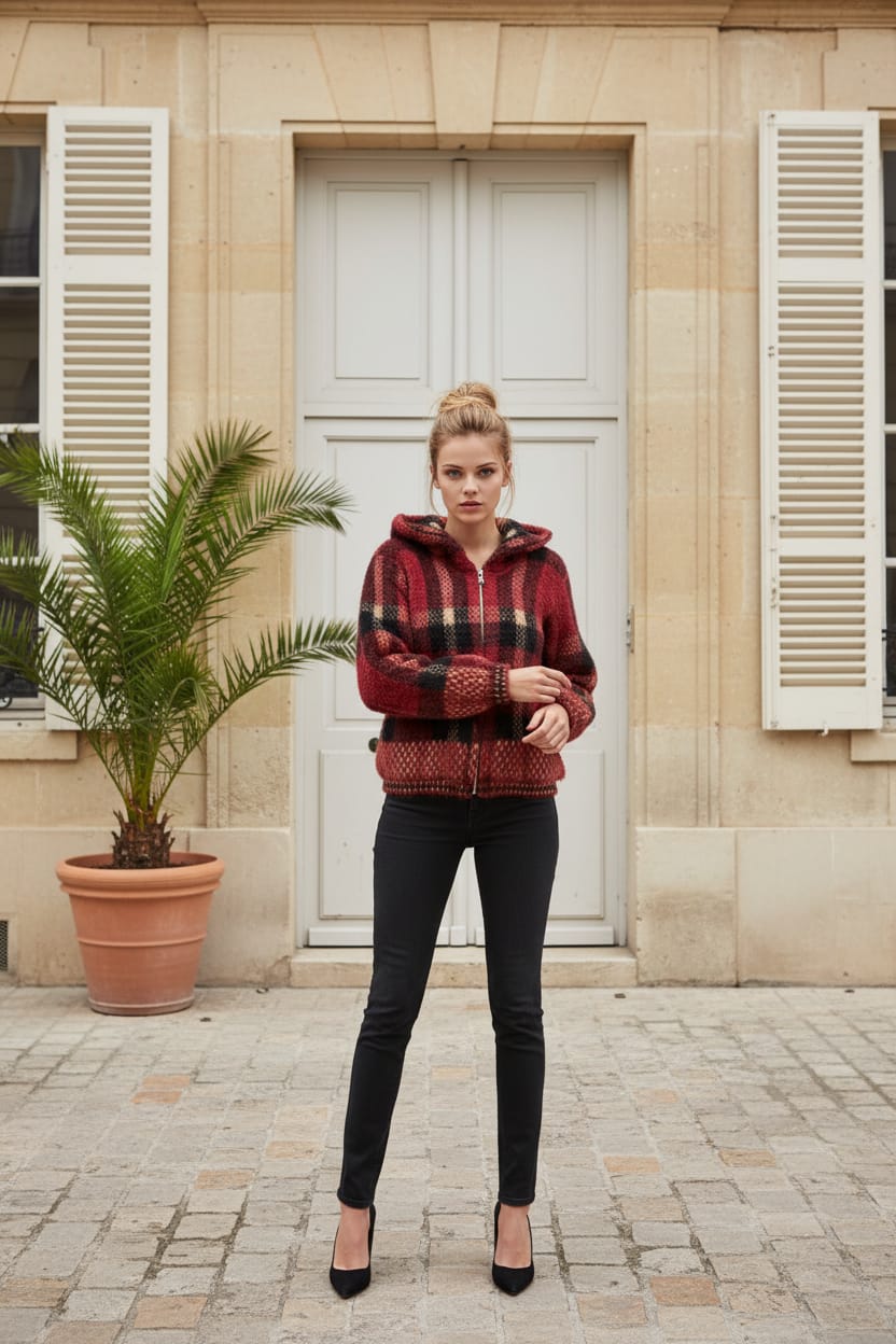 Ekose Desen Fermuarlı Dik Yaka %100 Pamuk Hırka