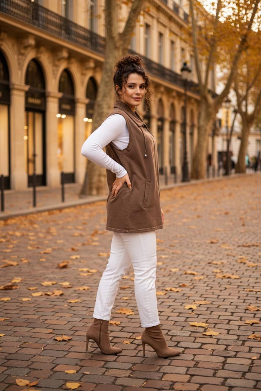 Kadın Büyük Beden Yaka İp Detaylı Çift Cepli Fermuarlı Uzun Pamuk Yelek