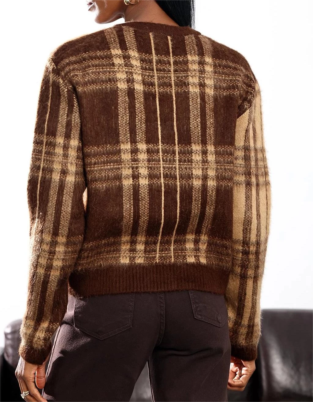 Bisiklet Yaka Düğmeli Şardonlu Karel Desenli Yünlü Hırka