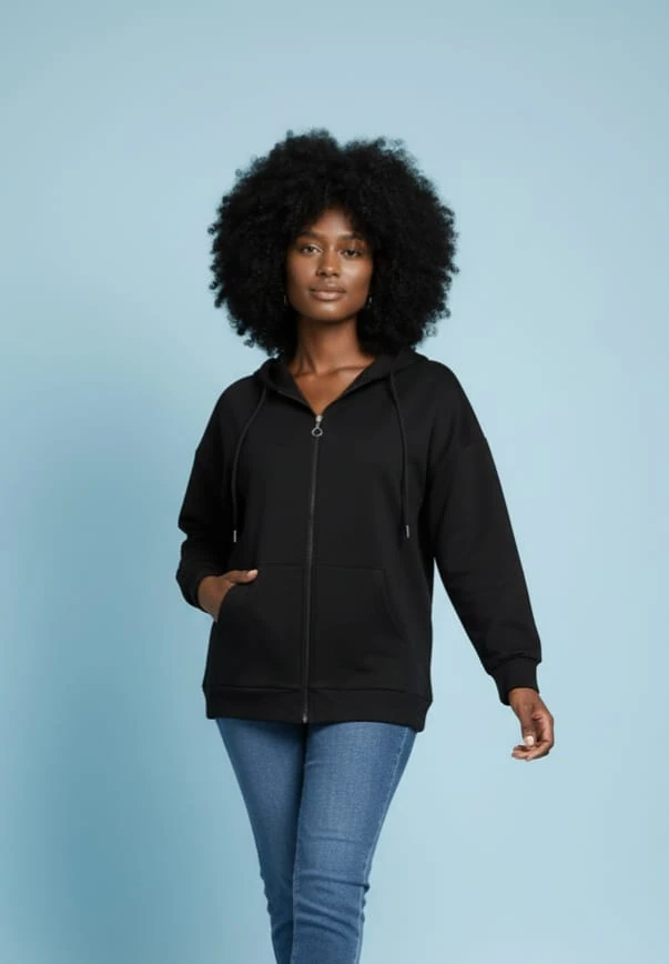 Oversize Sweatshirt Kapüşonlu Kanguru Cepli Fermuarlı Yırtmaç Detaylı %100 Pamuk 