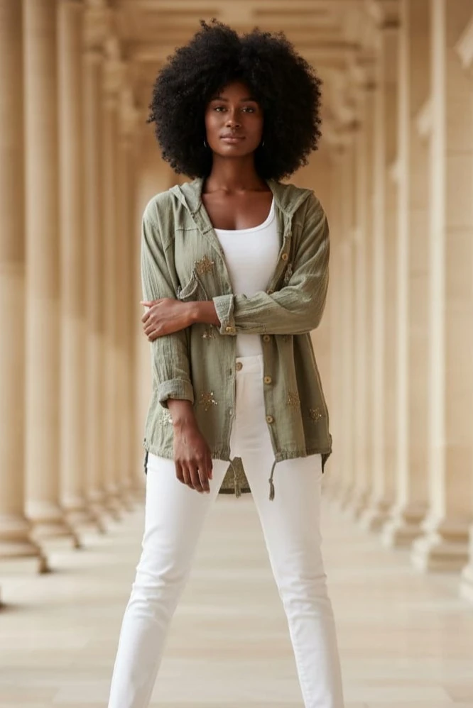 Keten Gömlek Hırka Kapüşonlu Yıldız Desenli %100 Pamuk