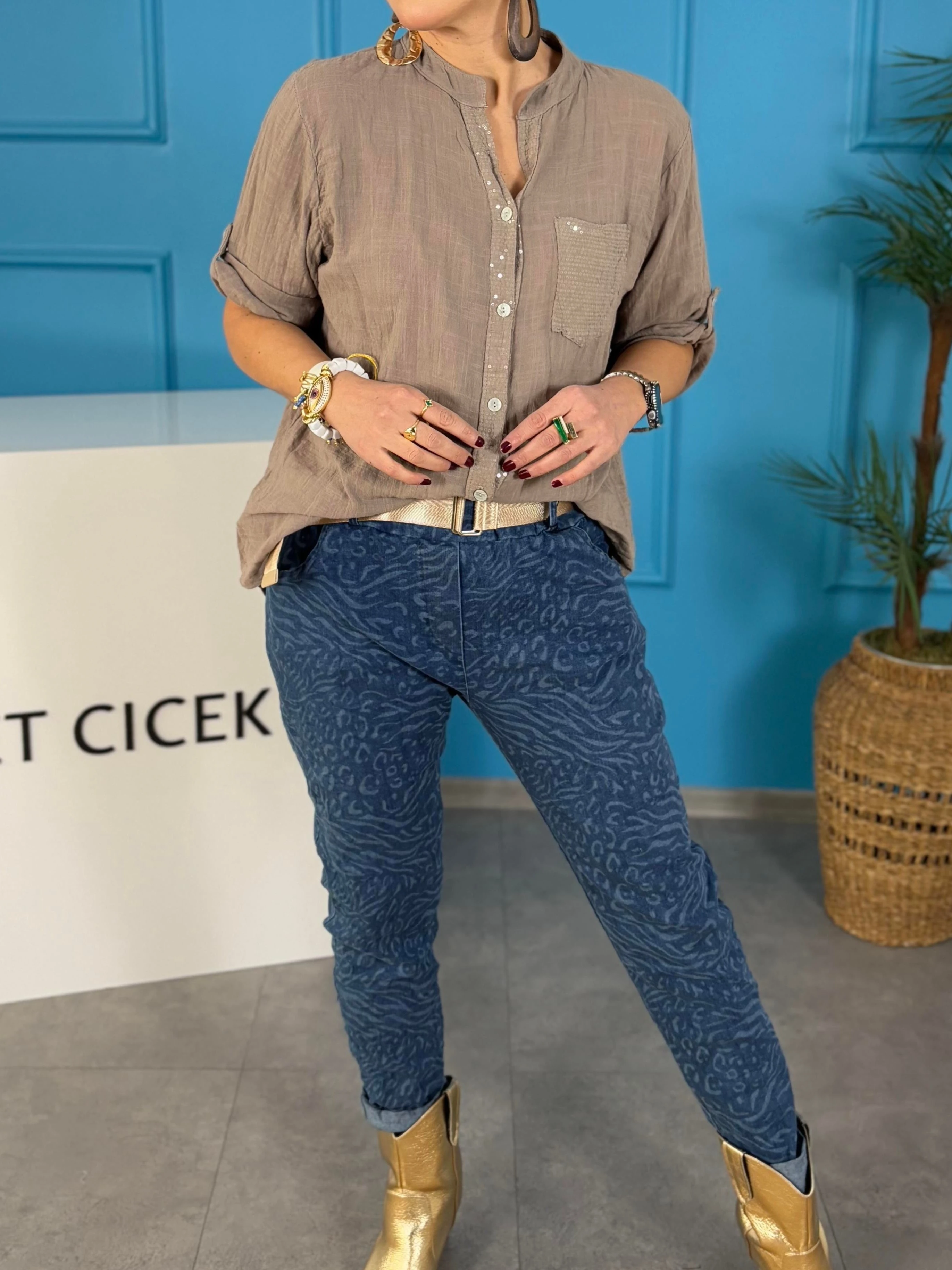 Oversize Keten Gömlek Hakim Yaka Cep Pul Detay Patlı Kol %100 Pamuk