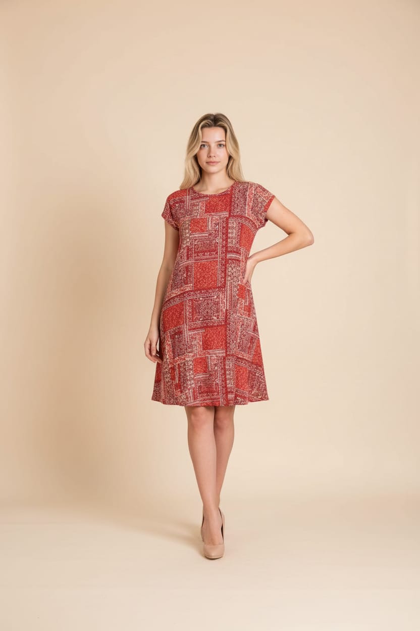 Büyük Beden Yuvarlak Yaka Etnik Desen Elbise