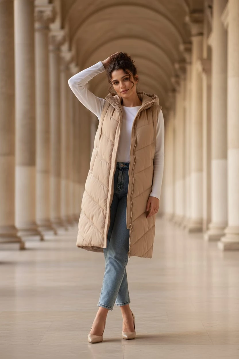 Kapüşonlu Şişme Yelek Midi Boy Yanları Fermuarlı 