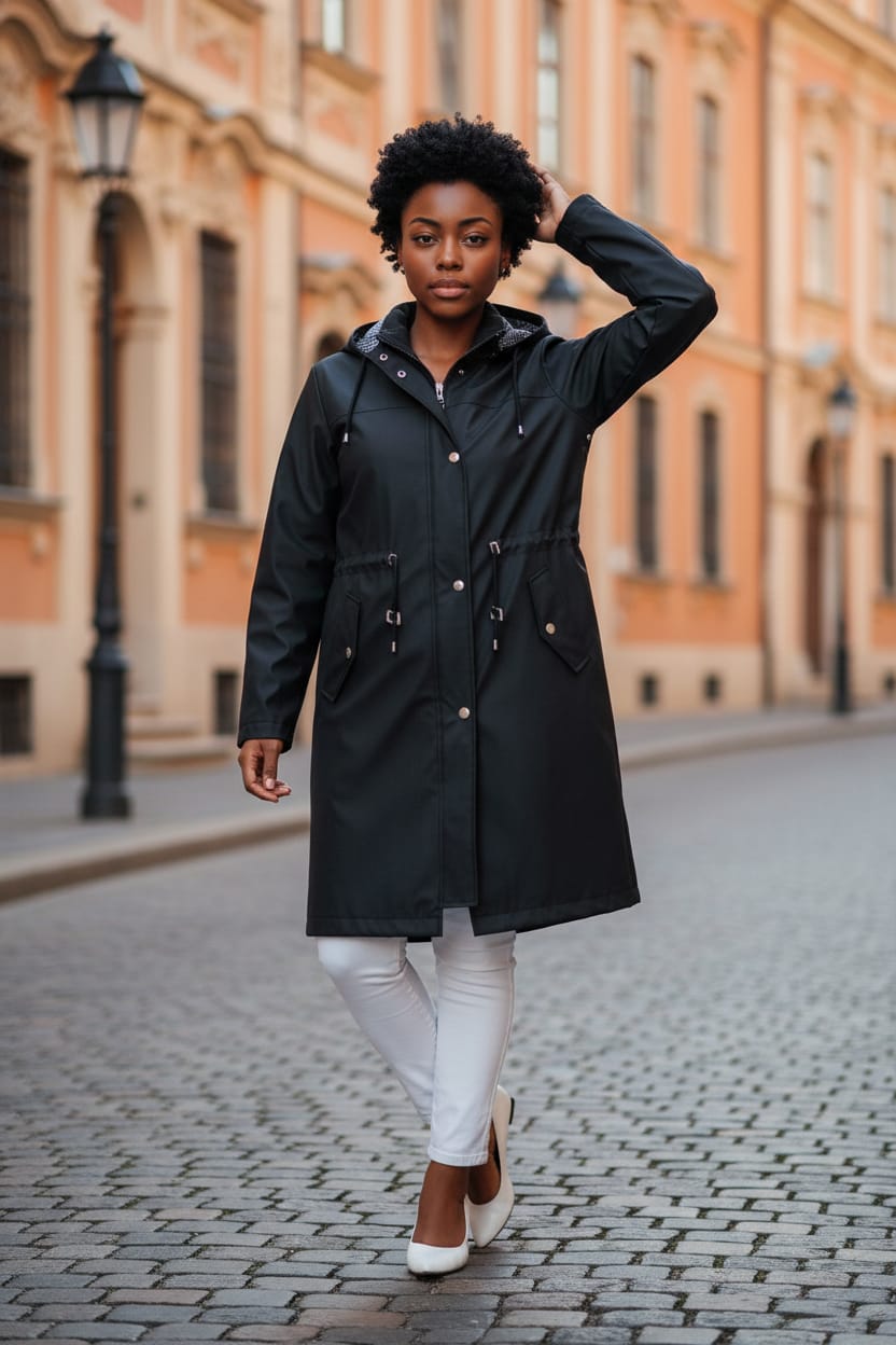 Büyük Beden Astarlı Kapüşonlu Uzun Trençkot