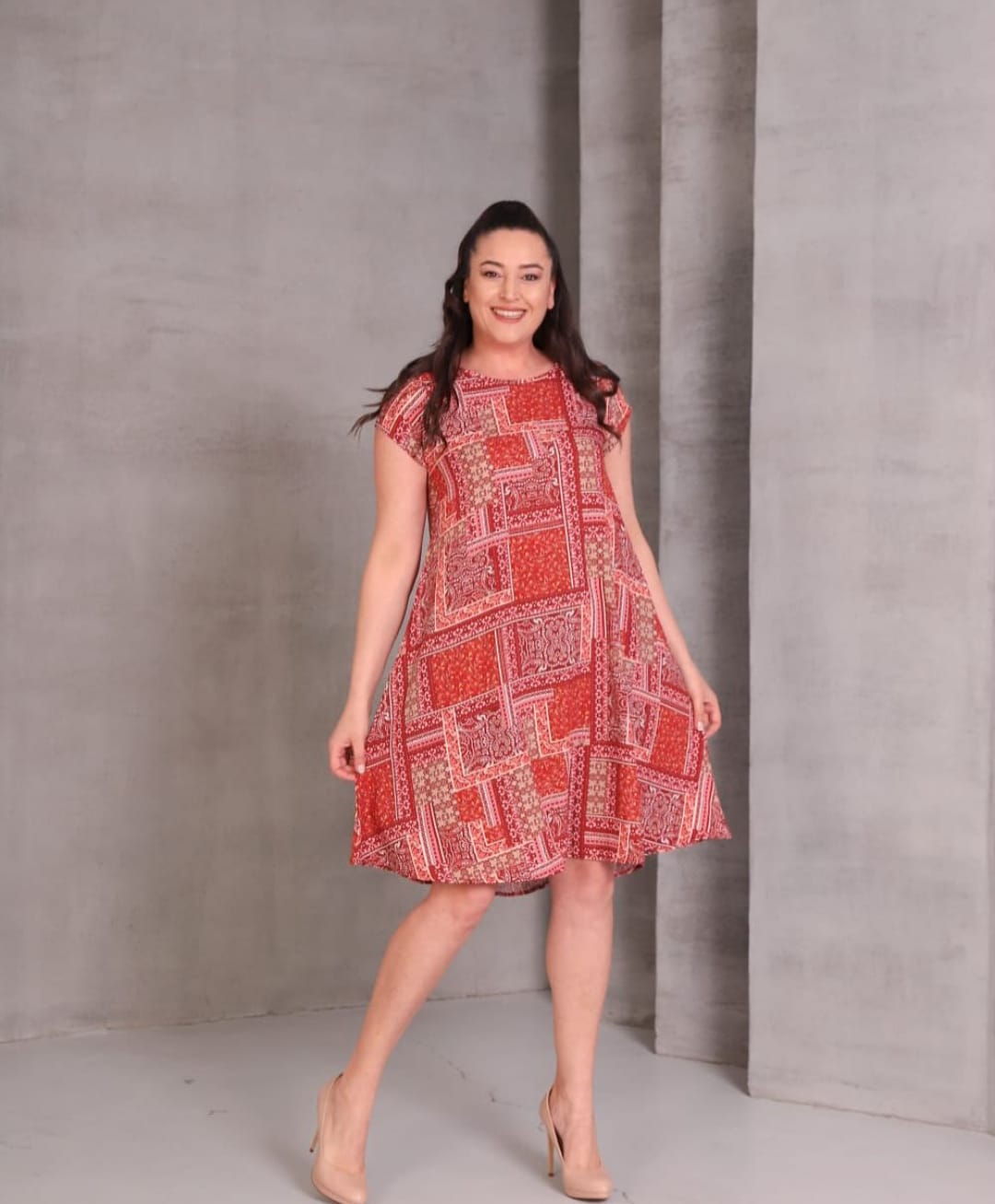 Büyük Beden Yuvarlak Yaka Etnik Desen Elbise