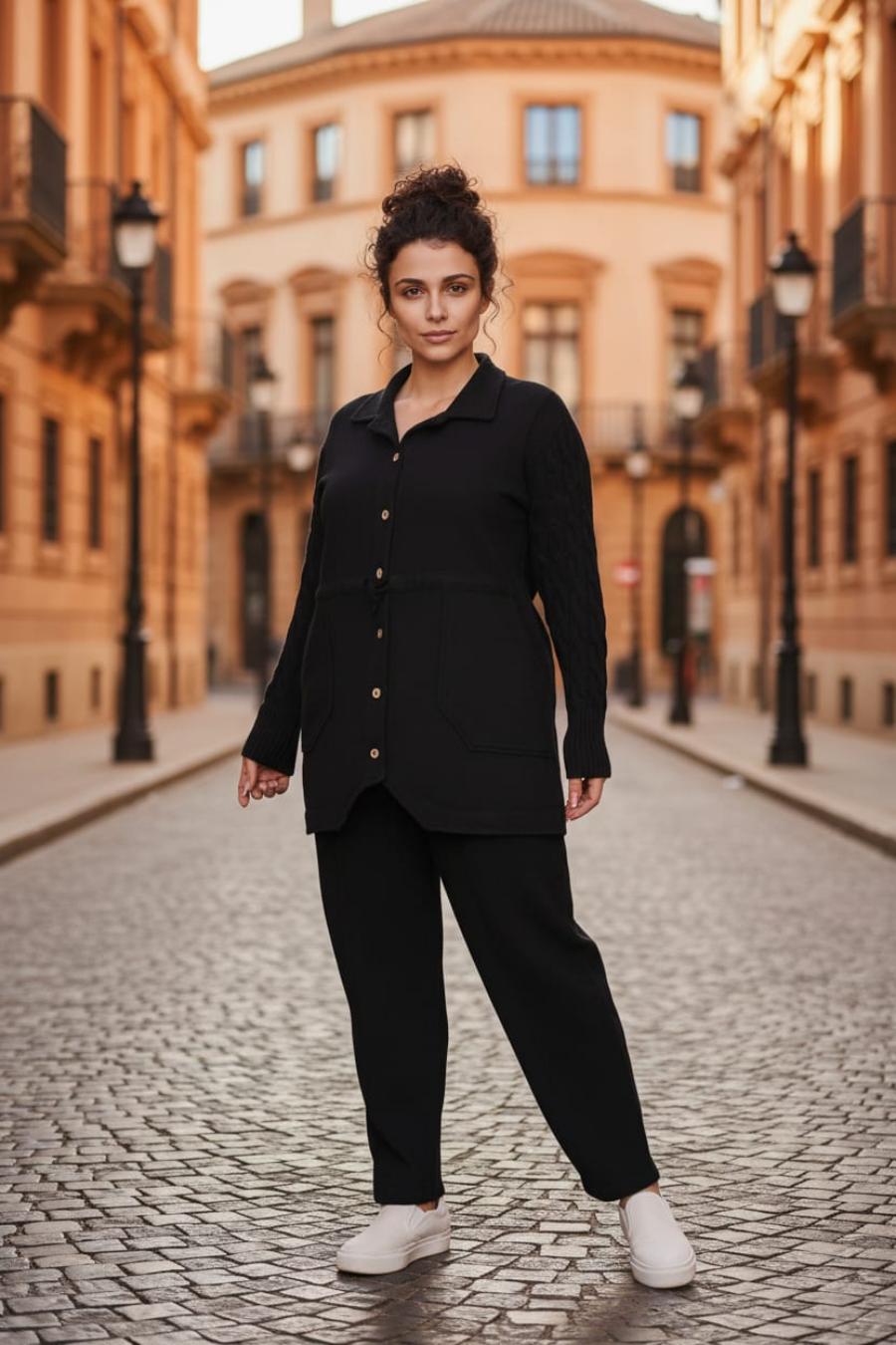 Ön Dikiş Detay Cepli Beli Lastikli %100 Organik Pamuk Örme Havuç Pantolon