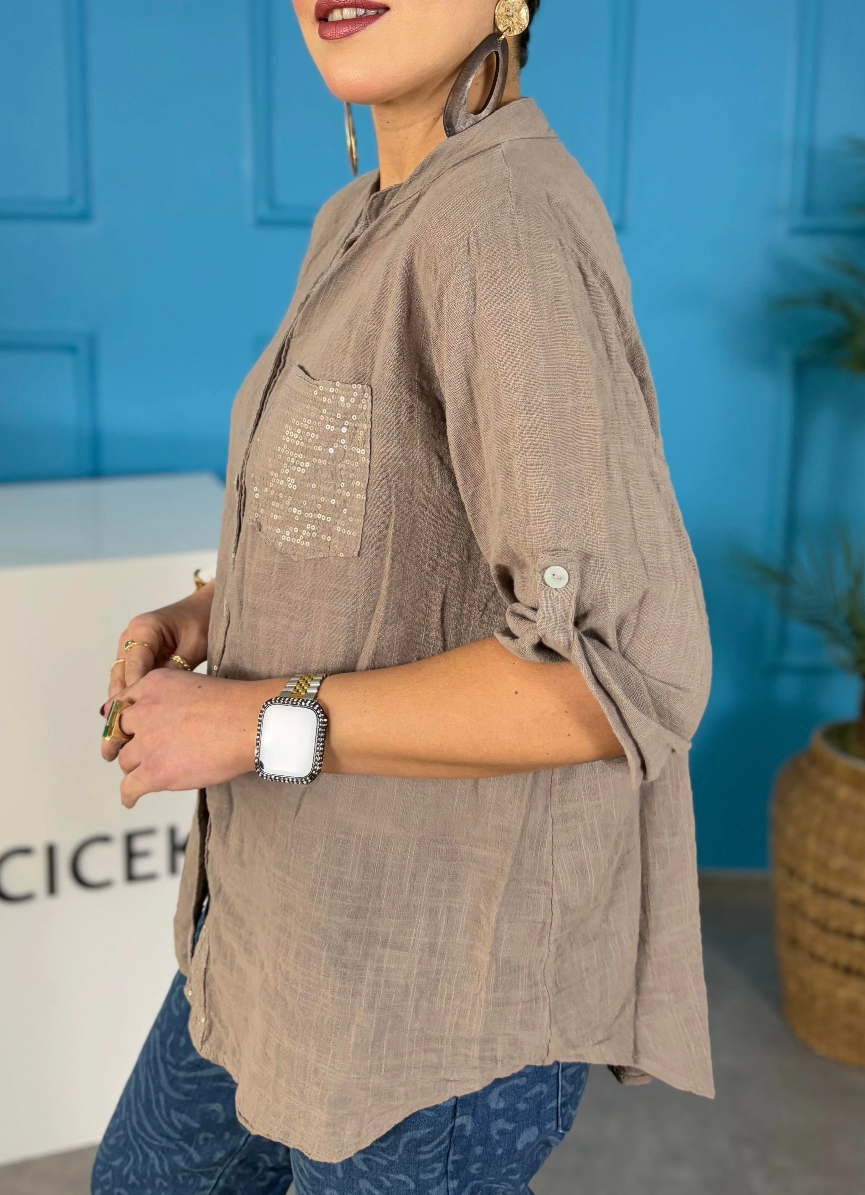 Oversize Keten Gömlek Hakim Yaka Cep Pul Detay Patlı Kol %100 Pamuk