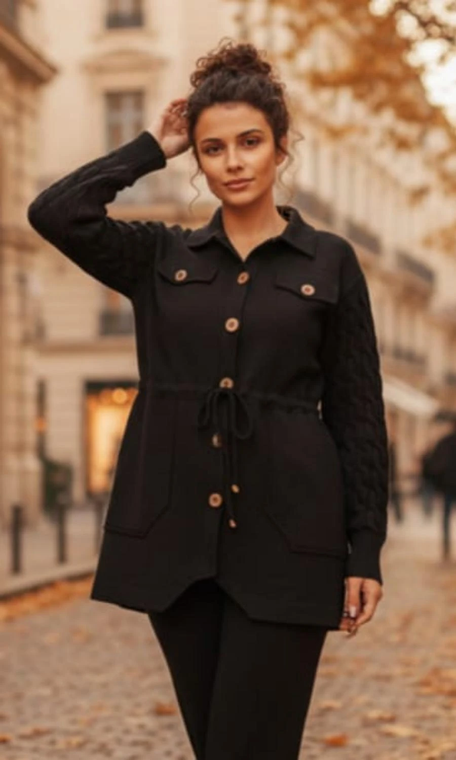 Kollar Saç Örgü Triko Bel Bağcıklı Torba Cepli Düğmeli %100 Pamuk Gabardin Ceket