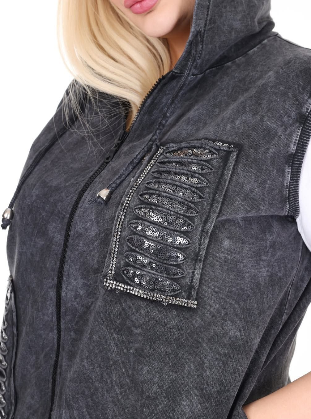 Kapüşonlu Pul Payet Taş İşlemeli Lazer Kesim Fermuarlı Cepli %100 Organik Pamuk Yelek