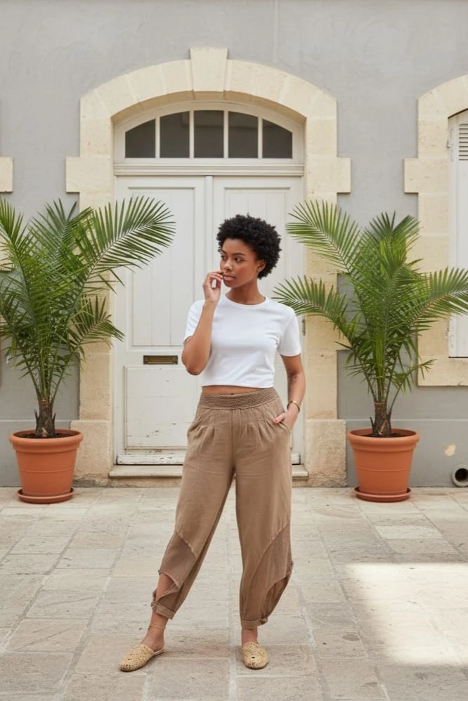 Paçası Düğme ve File Detay Bel Kopenaklı Cepli %100 Pamuk Pantolon