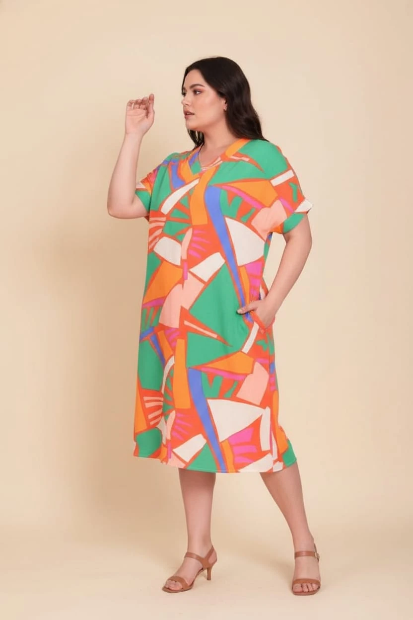 Büyük Beden Geometrik Desen V Yaka Elbise %95 Pamuk