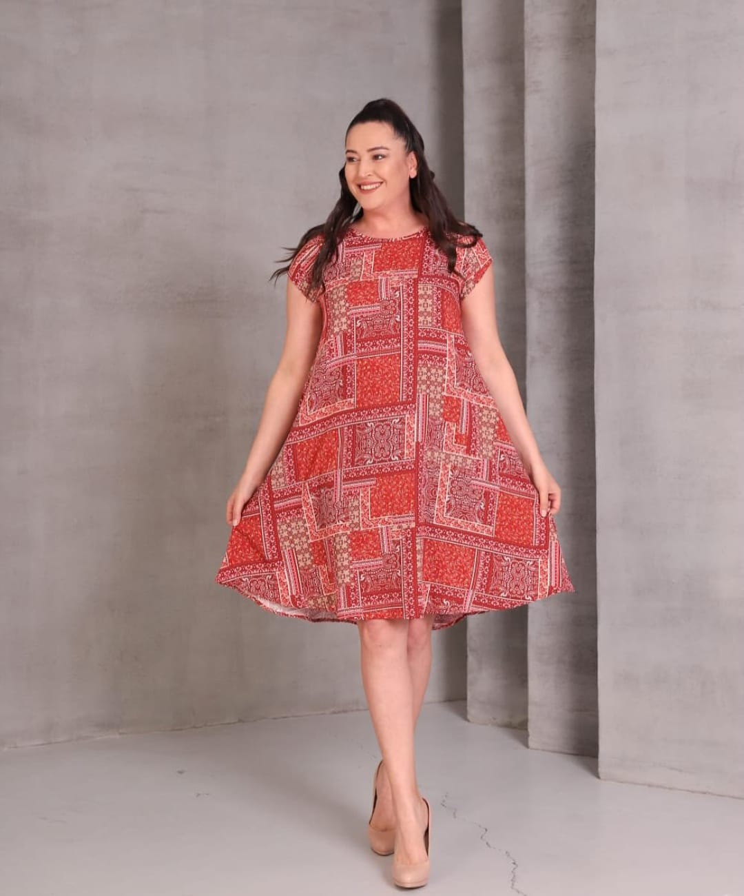 Büyük Beden Yuvarlak Yaka Etnik Desen Elbise