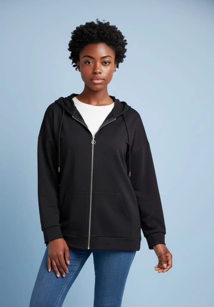 Oversize Sweatshirt Kapüşonlu Kanguru Cepli Fermuarlı Yırtmaç Detaylı %100 Pamuk 