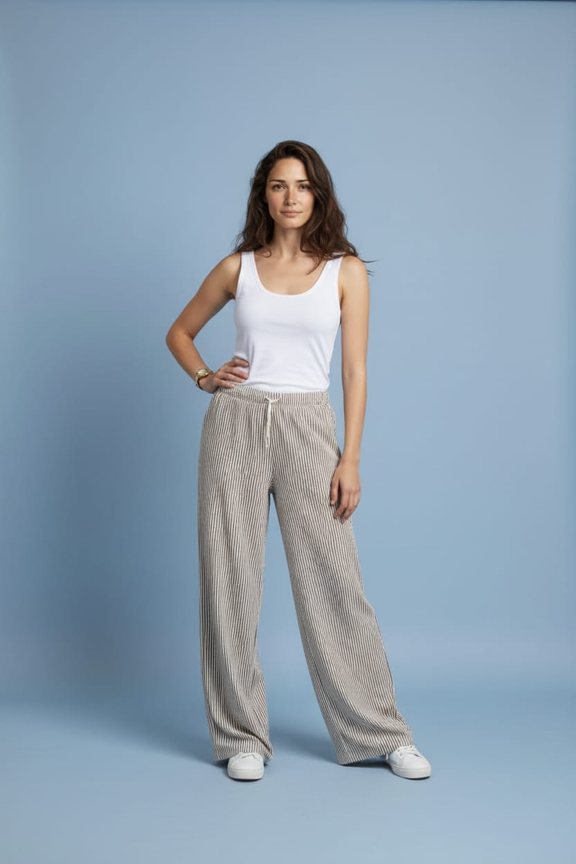 Çizgili Bol Paça Pantolon Beli Lastikli Bağlamalı 