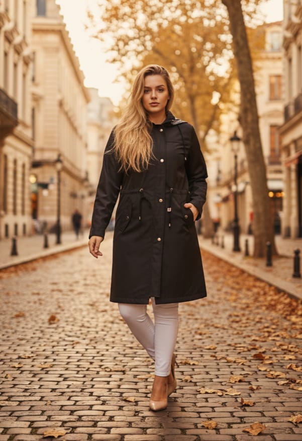 Büyük Beden Astarlı Kapüşonlu Uzun Trençkot