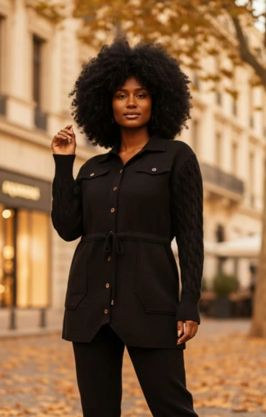 Kollar Saç Örgü Triko Bel Bağcıklı Torba Cepli Düğmeli %100 Pamuk Gabardin Ceket