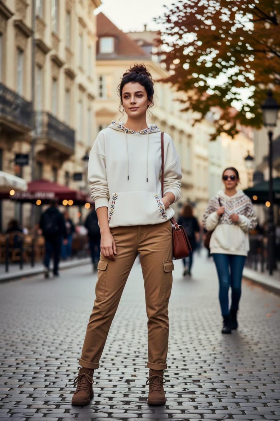  Etnik Nakış Detaylı Kanguru Cepli Kapüşonlu Oversize %100 Pamuk Sweatshirt