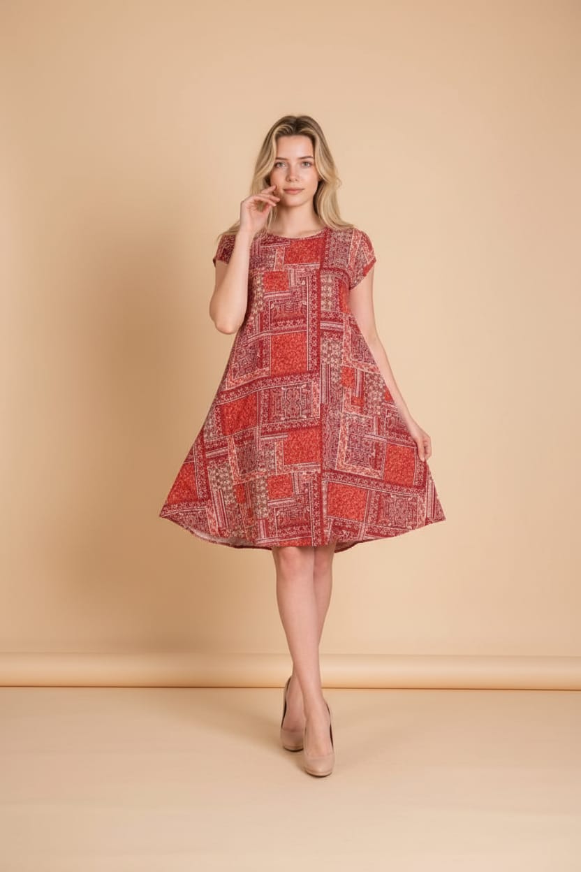 Büyük Beden Yuvarlak Yaka Etnik Desen Elbise